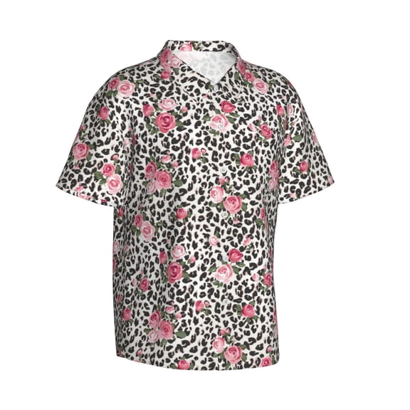 Picia Rose Mix Leopard 3 Gentle Cotton Regular Fit Short Sleeve Casual Hawaiian Shirt for Men-Small