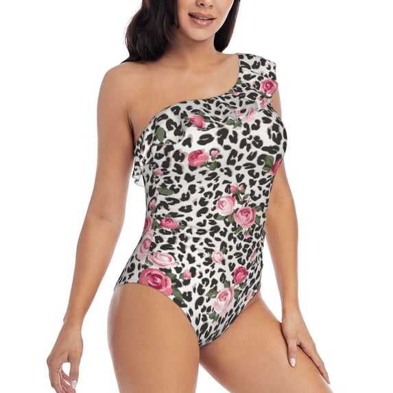 Picia Rose Mix Leopard 3 Pattern Women's One Piece Swimsuits,One Shoulder Swimwear Asymmetric ,Ruffle Monokinis Bathing Suits,High Waisted Flattering Bathing Suits-Large