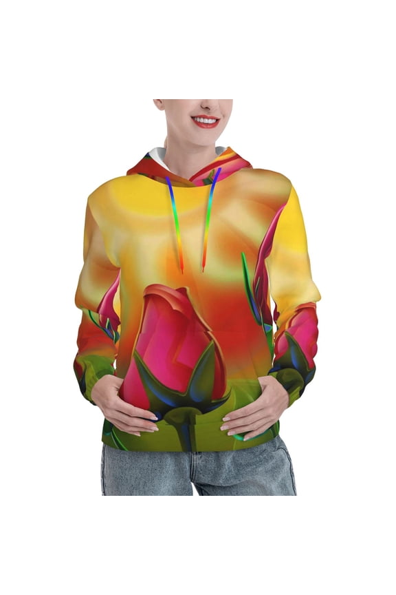 Rose Psychedelic Pattern Casual Women's Hoodie, Hooded Sweatshirt with Kangaroo Pocket, Comfortable Pullover with Eye-catching Drawstrings-Small