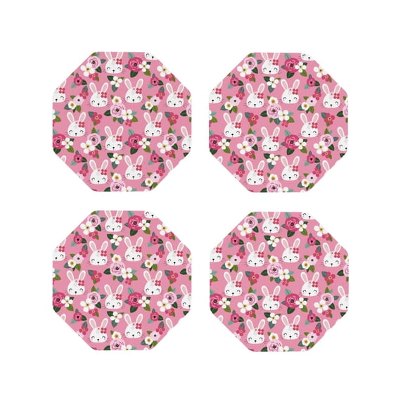 Picia Rose Rabbit Printed Leather Coasters for Drinks, 4" Drink Coasters Set of 4 for Tabletop Protection, Handmade Luxurious Home Décor and Housewarming Gift -Octagon
