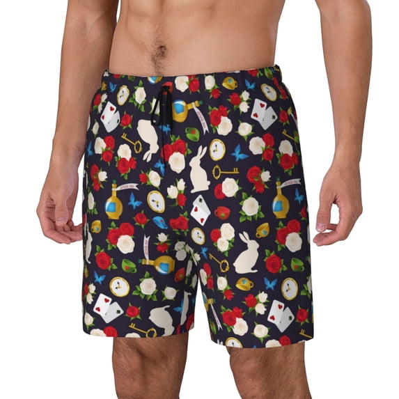 Picia Rose Rabbit pattern Mens Swim Trunks with Compression Liner Stretch Beach Shorts Quick Dry with Zipper Pockets No-Chafing Board Shorts-Small