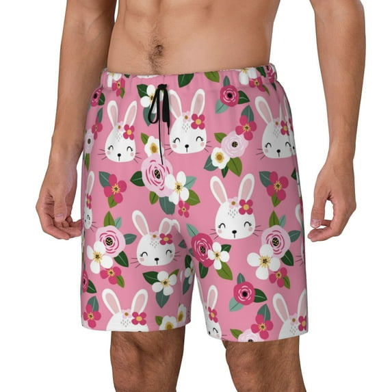 Picia Rose Rabbit pattern Mens Swim Trunks with Compression Liner Stretch Beach Shorts Quick Dry with Zipper Pockets No-Chafing Board Shorts-X-Large