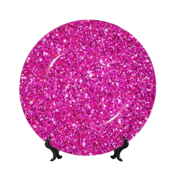 Picia Rose Red Glitter Pattern Bone China Decorative Plate – Wall Decor with Stand and Adhesive, Elegant Ornament for Living Room, Office, or Entryway-6in