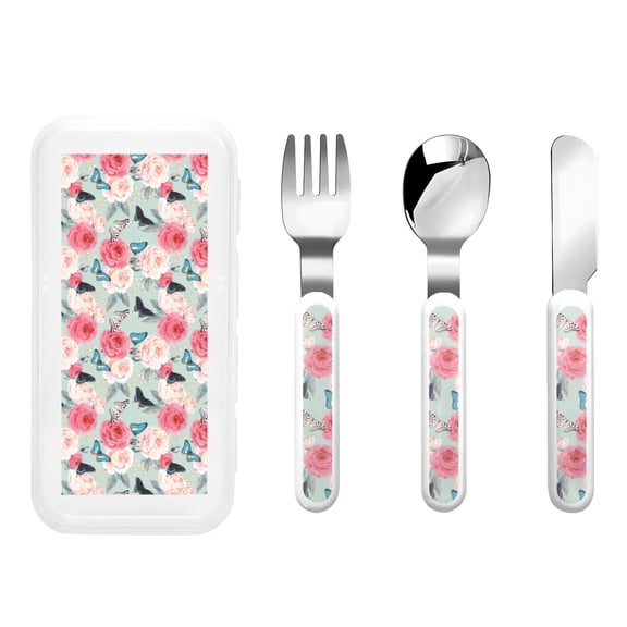 Picia Roses and Butterflies Print Children's Knife, Fork And Spoon Set - Kids Knife Fork Spoon - Stainless Steel Kids Silverware Set - Metal Kids Cutlery Set