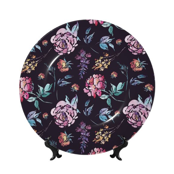 Picia Roses Flowers Pattern Bone China Decorative Plate – Wall Decor with Stand and Adhesive, Elegant Ornament for Living Room, Office, or Entryway-10in