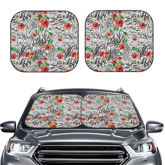Picia Roses Mixed Zebra 1 2 Piece Car Windshield Sun Shade Foldable | Foldable Sun Shield for Front Window Blocks UV Rays and Keeps Your Vehicle Cool-Small
