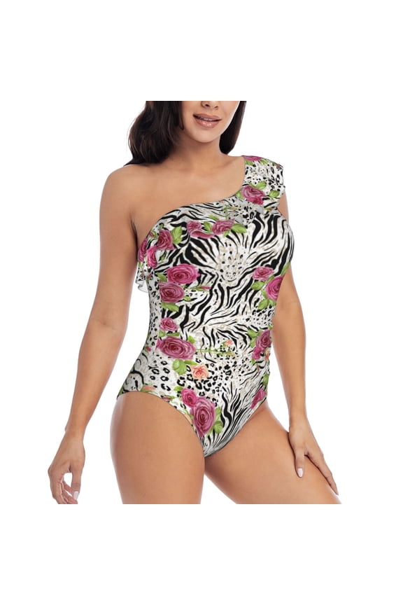 Roses Mixed Zebra Pattern Women's One Piece Swimsuits,One Shoulder Swimwear Asymmetric ,Ruffle Monokinis Bathing Suits,High Waisted Flattering Bathing Suits-Large