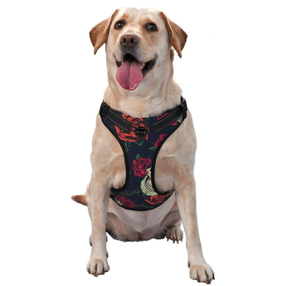 Picia Roses Skulls No-Pull Dog Harness Reflective Front Clip Vest with Handle,Step-in Air Dog Harness,Adjustable 2 Metal Rings 4 Buckles,Easy to Put on & Take Off