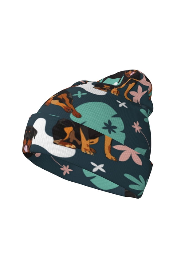 Rottweiler Pattern Knitted Beanie Hat for Men and Women , Unisex Winter Warm Stretchy Knit Cap Thick Fisherman Beanies Cuffed Plain Skull Caps