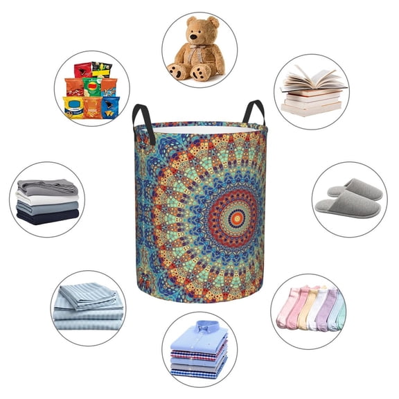 Picia Round Mandala Large Laundry Basket, Waterproof, Freestanding Laundry Hamper, Collapsible Tall Clothes Hamper with Extended Handles-Small
