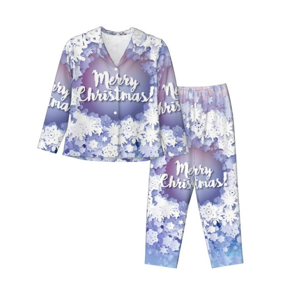 Picia Round Snow Merry Christmas Pattern Women’s Long-Sleeve Sleepwear Set - Soft 2-Piece Loungewear with Pockets, Comfy PJs for Relaxing Nights-X-Large
