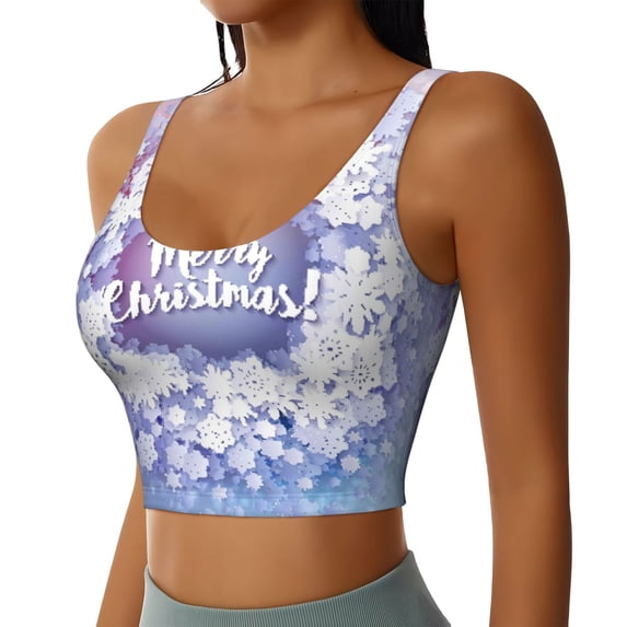 Picia Round Snow Merry Christmas Sports Bra for Women,Padded Strappy Sports Bras Medium Support Yoga Bra with Removable Cups,Running Yoga Bra-