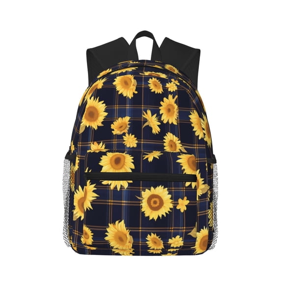 Picia Royal Blue Plaid Sunflower Large Capacity Backpack Classic Style Backpack Casual Backpack Water-Resistant School Work Travel Outdoor Backpack