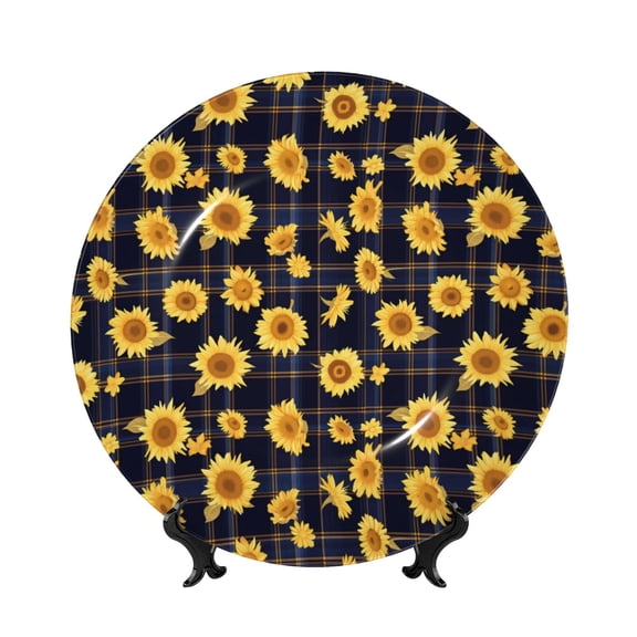 Picia Royal Blue Plaid Sunflower Pattern Bone China Decorative Plate – Wall Decor with Stand and Adhesive, Elegant Ornament for Living Room, Office, or Entryway-7in