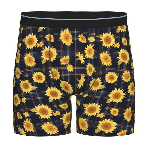 Picia Royal Blue Plaid Sunflower Pattern Men's Athletic Long Leg Briefs , Performance Stretch Underwear,Moisture-Wicking