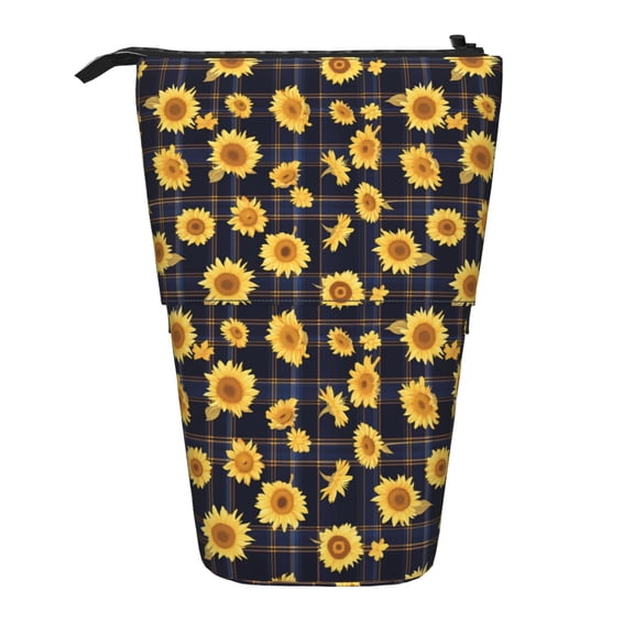 Picia Royal Blue Plaid Sunflower Print Telescopic Pencil Case, Telescopic Pen Holder Telescopic Pencil Pouch Bag Stationery Pencil Case Box Storage Organizer Makeup Bag