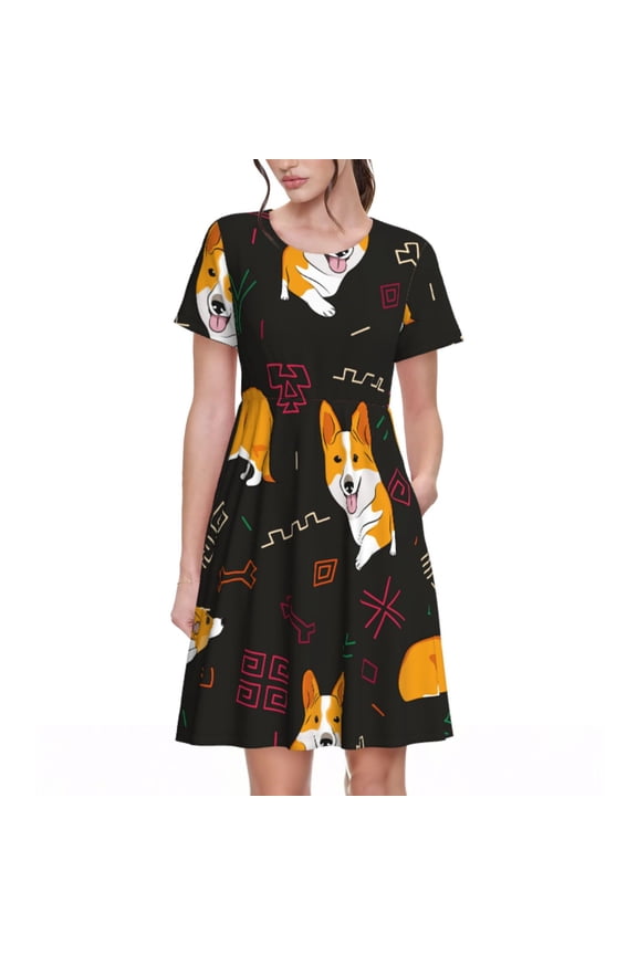 Royal Corgi Pattern Women's Short Sleeve Summer Dress Pleated Loose Swing Knee Length Short Sleeve Swing Dresses