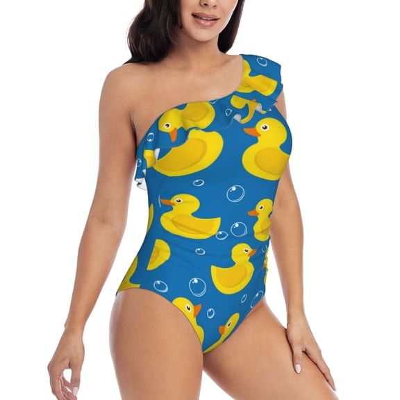 Picia Rubber Duck Pattern Women's One Piece Swimsuits,One Shoulder Swimwear Asymmetric ,Ruffle Monokinis Bathing Suits,High Waisted Flattering Bathing Suits-Small