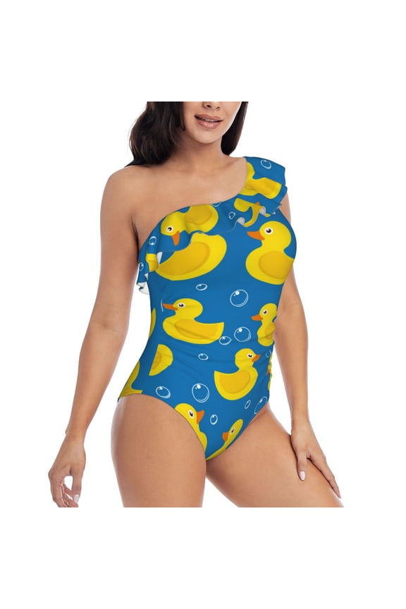 Rubber Duck Pattern Women's One Piece Swimsuits,One Shoulder Swimwear Asymmetric ,Ruffle Monokinis Bathing Suits,High Waisted Flattering Bathing Suits-Small
