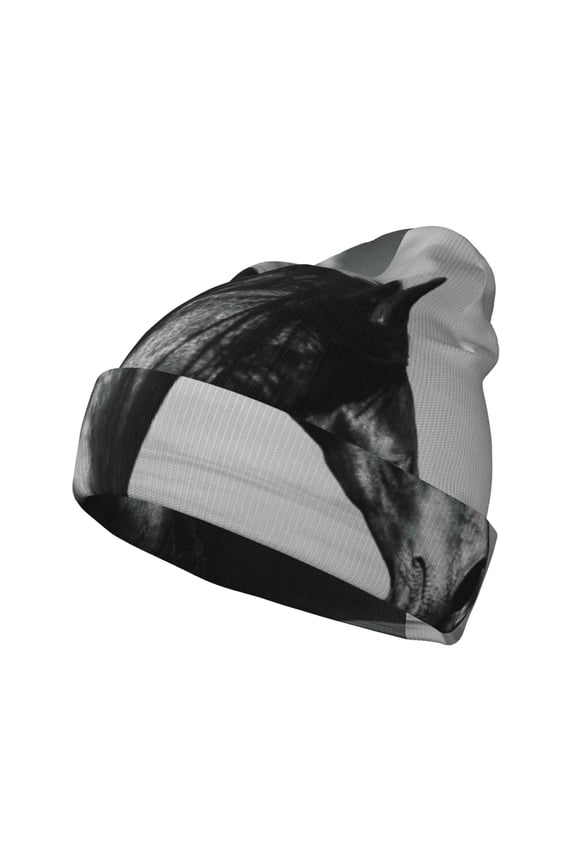 Running Horse Pattern Knitted Beanie Hat for Men and Women , Unisex Winter Warm Stretchy Knit Cap Thick Fisherman Beanies Cuffed Plain Skull Caps