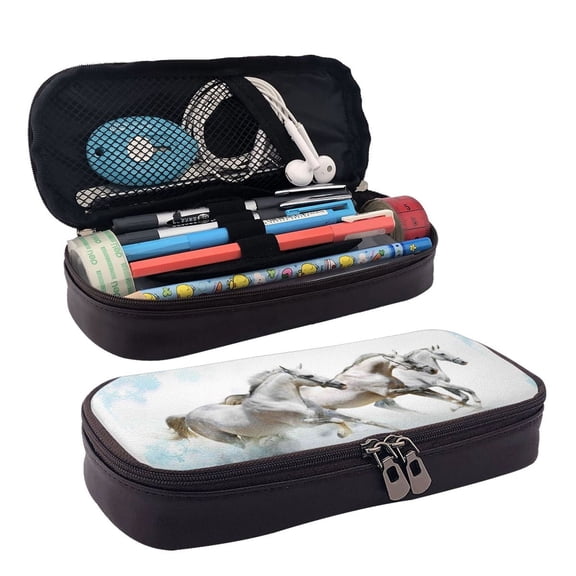 Picia Running White Horses Pattern Large Capacity PU Leather Pencil Case Organizer Pen Marker Holder Double Zipper Storage Bag Big Pencil Pouch for College Office