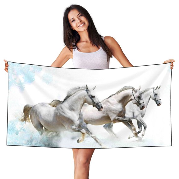 Picia Running White Horses Print Silver Fox Velvet Beach Towel,Quick-Dry Beach Towel,Lightweight Travel Towel,Portable Beach Towels