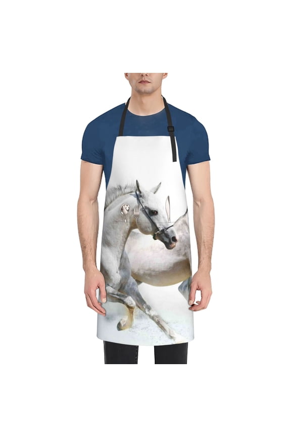 Running White Horses Waterproof Apron for Unisex Adult - Adjustable Bib Apron with Pockets, Ideal for Cooking, Gardening, Painting, and Household Chores