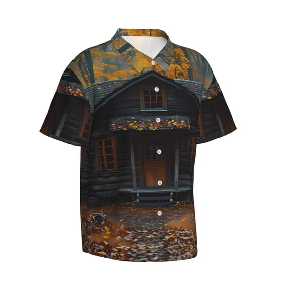 Picia Rustic Cabin Autumn Forest Gentle Cotton Regular Fit Short Sleeve Casual Hawaiian Shirt for Men-Medium