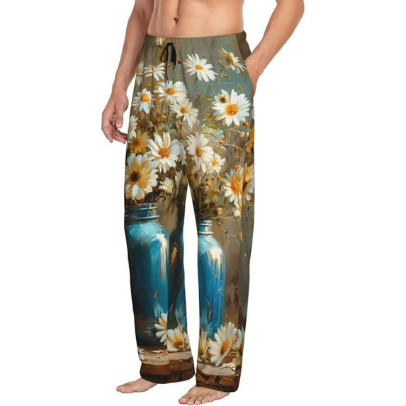 Picia Rustic Daisy Mason Jars Mens Soft Woven Cotton Elastic Waistband Sleep Pajama Pant Lounge Sleep Pant With Pockets And Drawstring-Small