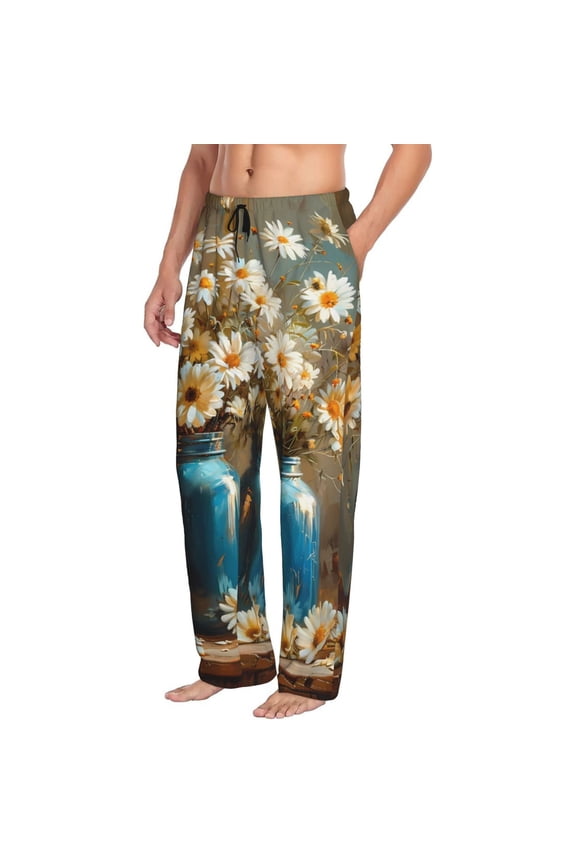 Rustic Daisy Mason Jars Mens Soft Woven Cotton Elastic Waistband Sleep Pajama Pant Lounge Sleep Pant With Pockets And Drawstring-Small