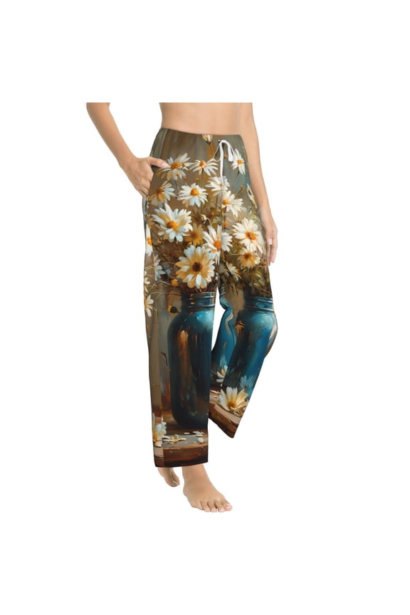 Rustic Daisy Mason Jars Womens Soft Woven Cotton Elastic Waistband Sleep Pajama Pant Lounge Sleep Pant With Pockets And Drawstring-Small