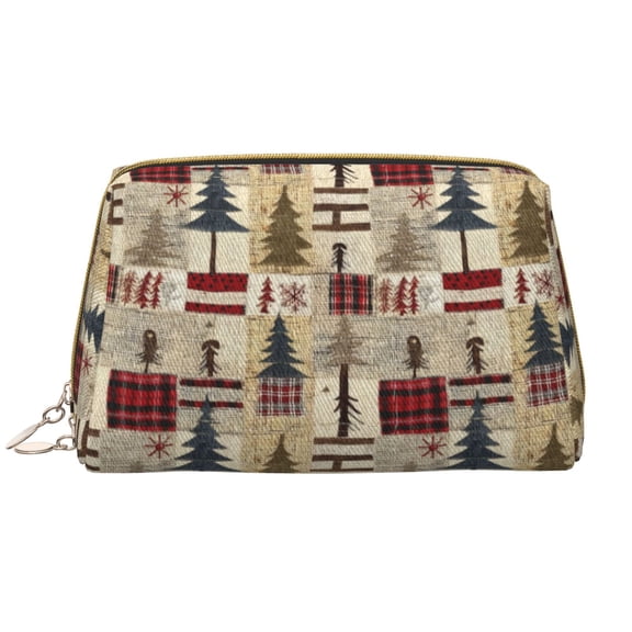 Picia Rustic Plaid Forest Lodge Print Leather Makeup Bag Make Up Bag Travel Toiletry Bag for Her Girlfriend Teacher Teen Girl Gifts