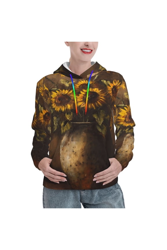 Rustic Sunflower Bouquet Pattern Casual Women's Hoodie, Hooded Sweatshirt with Kangaroo Pocket, Comfortable Pullover with Eye-catching Drawstrings-X-Large