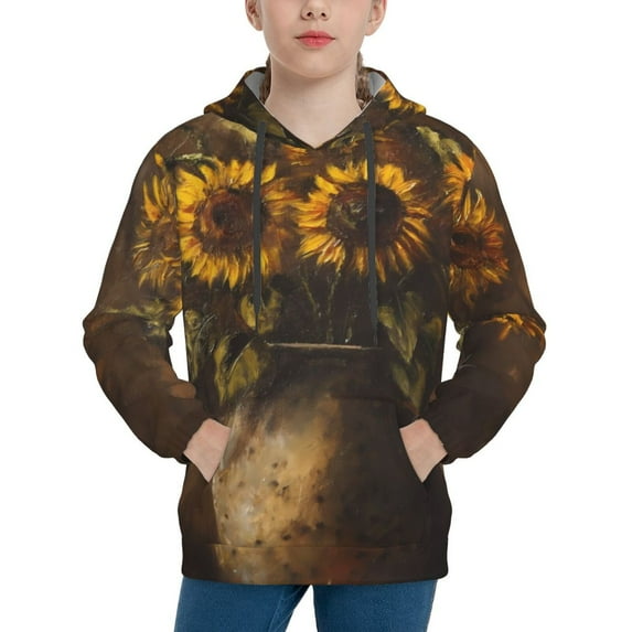 Picia Rustic Sunflower Bouquet Pattern Youth Hoodie - Warm Pullover Sweatshirt with Kangaroo Pocket, Ideal for Boys and Girls-X-Large