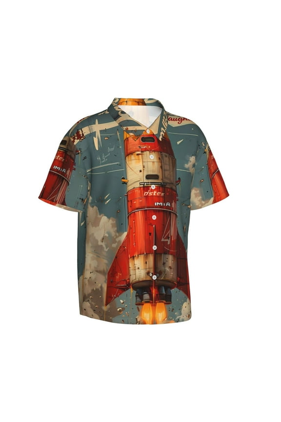 Rusty Rocket Launch Gentle Cotton Regular Fit Short Sleeve Casual Hawaiian Shirt for Men-Large