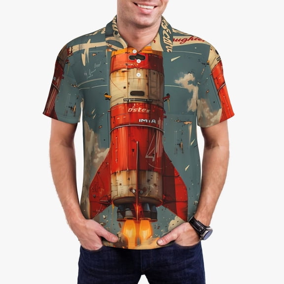 Picia Rusty Rocket Launch Print Men's Polo Shirt, Two-Button Closure Pique Polo Shirt, Summer Fashion Golf Shirt-Large