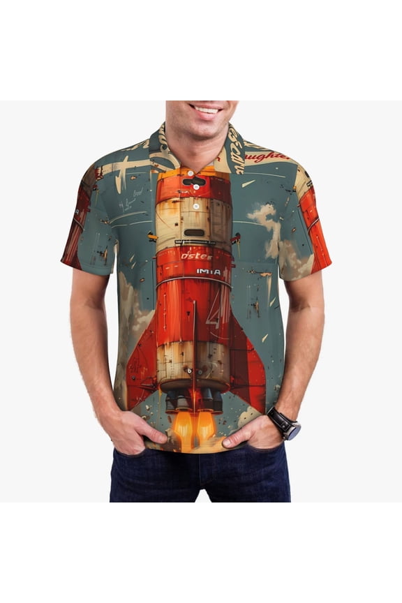 Rusty Rocket Launch Print Men's Polo Shirt, Two-Button Closure Pique Polo Shirt, Summer Fashion Golf Shirt-Large