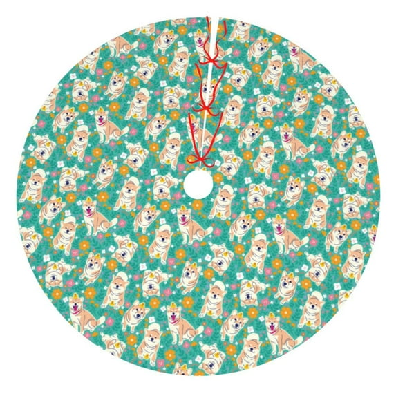Picia SHIBA WITH FLORAL Print Christmas Tree Skirt , Christmas Tree Skirt Ornaments for Merry Christmas Holiday Party Decorations Indoor Outdoor-30"