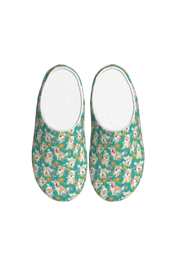 SHIBA WITH FLORAL for Women's Lamb-hug Comfy Fleece House Slippers Memory Foam, Slip-on House Shoes Indoor Outdoor-42/43