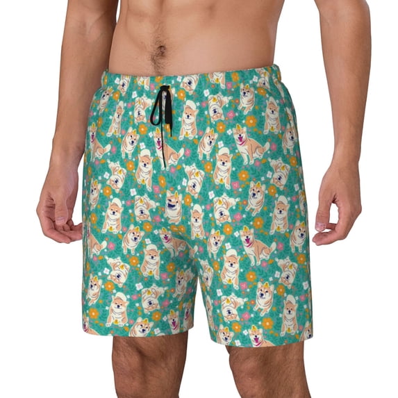 Picia SHIBA WITH FLORAL pattern Mens Swim Trunks with Compression Liner Stretch Beach Shorts Quick Dry with Zipper Pockets No-Chafing Board Shorts-Medium