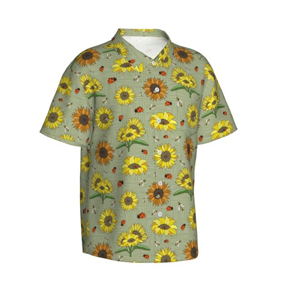 Picia Sage Green With Sunflowers Gentle Cotton Regular Fit Short Sleeve Casual Hawaiian Shirt for Men-Medium
