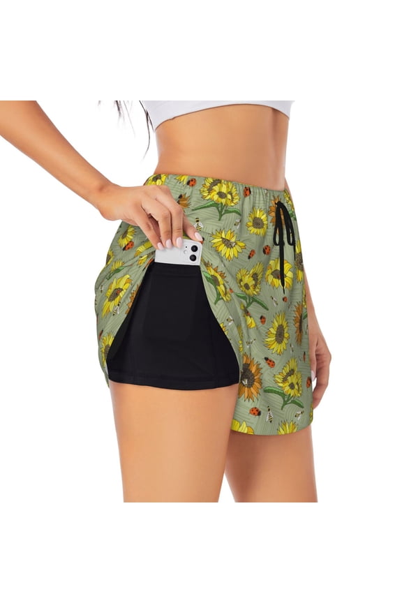 Sage Green With Sunflowers Pattern Women's 2 in 1 Athletic Running Shorts High Waisted Workout Casual Gym Sweat Shorts with Comfy Liner Zipper Pockets-Large