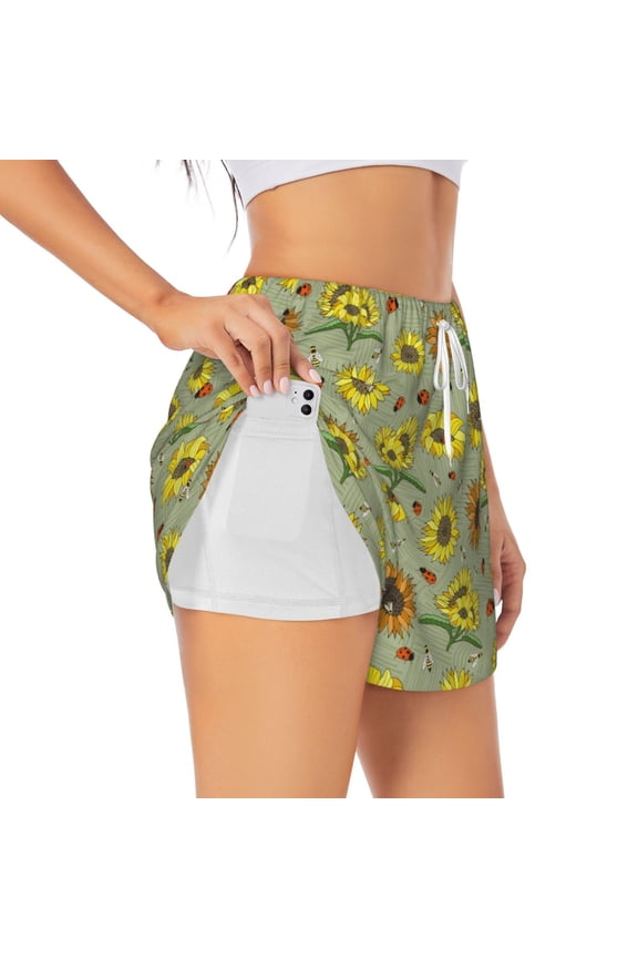 Sage Green With Sunflowers Pattern Women's 2 in 1 Athletic Running Shorts High Waisted Workout Casual Gym Sweat Shorts with Comfy Liner Zipper Pockets-Small