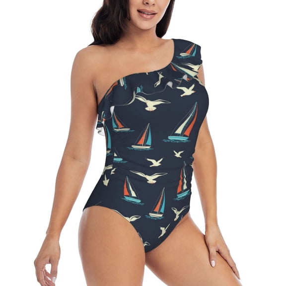 Picia Sailboat And Seagull Pattern Women's One Piece Swimsuits,One Shoulder Swimwear Asymmetric ,Ruffle Monokinis Bathing Suits,High Waisted Flattering Bathing Suits-X-Large