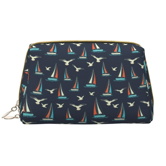 Picia Sailboat And Seagull Print Leather Makeup Bag Make Up Bag Travel Toiletry Bag for Her Girlfriend Teacher Teen Girl Gifts