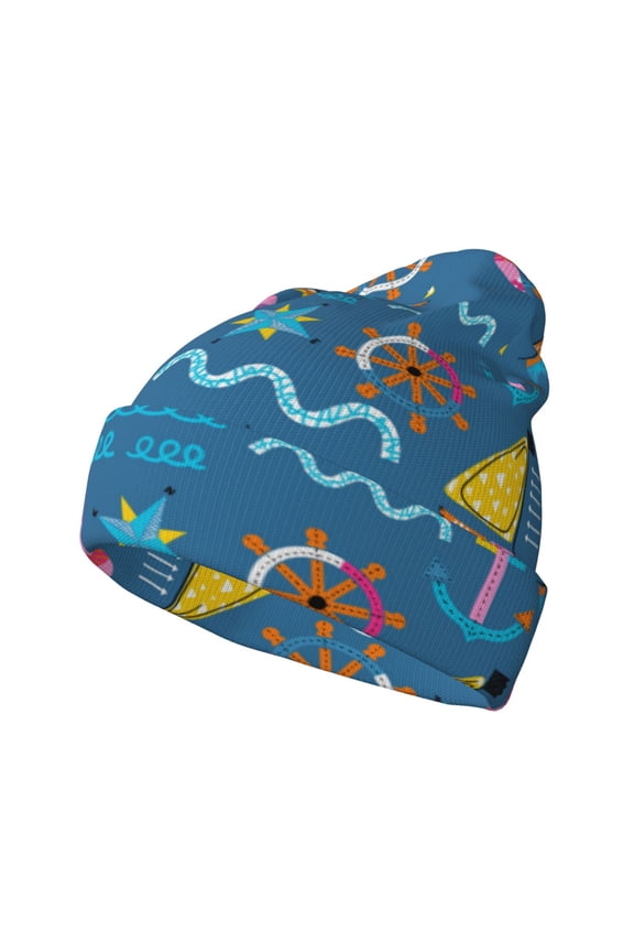 Sailboat With Sailing Pattern Knitted Beanie Hat for Men and Women , Unisex Winter Warm Stretchy Knit Cap Thick Fisherman Beanies Cuffed Plain Skull Caps