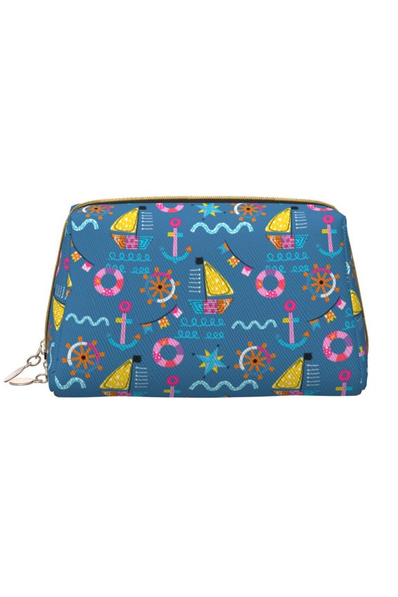 Sailboat With Sailing Print Leather Makeup Bag Make Up Bag Travel Toiletry Bag for Her Girlfriend Teacher Teen Girl Gifts