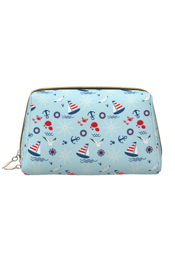 Sailboats Anchors Print Leather Makeup Bag Make Up Bag Travel Toiletry Bag for Her Girlfriend Teacher Teen Girl Gifts