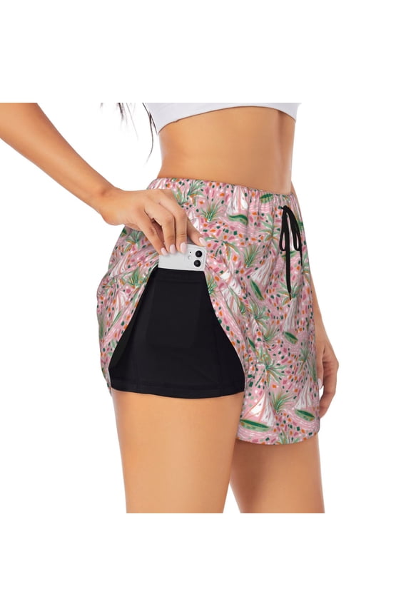 Sailboats And Palm Tree Pattern Women's 2 in 1 Athletic Running Shorts High Waisted Workout Casual Gym Sweat Shorts with Comfy Liner Zipper Pockets-Medium