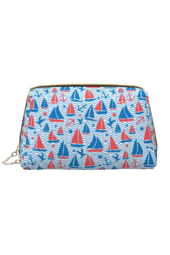 Sailboats On A Waves Print Leather Makeup Bag Make Up Bag Travel Toiletry Bag for Her Girlfriend Teacher Teen Girl Gifts